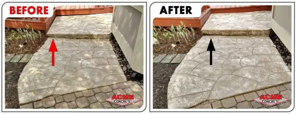 Side-by-side comparison of a concrete walkway before and after raising stamped concrete slabs. The before image shows an uneven step, while the after image highlights a level, smooth surface. Both images feature ACME Concrete logos.