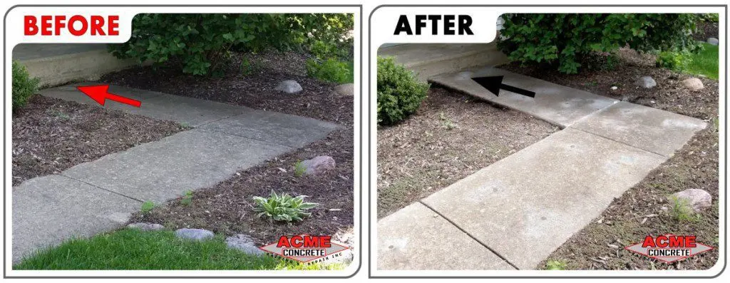 Side-by-side images labeled Before and After show a sunken sidewalk leveled to match the surrounding ground in Sleepy Hollow IL. Red and black arrows highlight the difference. ACME Concrete logo is visible, showcasing expert sidewalk leveling.