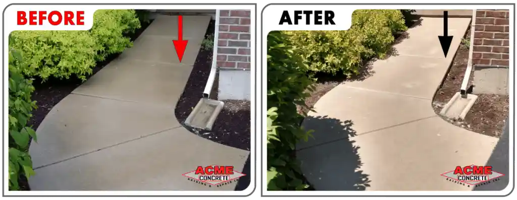 Side-by-side comparison of a poor sagging sidewalk in Woodstock before and after repair—uneven on the left, leveled on the right. Arrows highlight the fixed area, with the ACME Concrete logo present in both images.