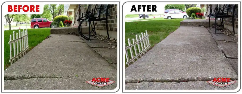 Side-by-side comparison of Crystal Lake sidewalk and stoop lifting: the before side shows a raised, uneven crack, while the after side features a smooth, level surface. Both images display the Acme Concrete logo.