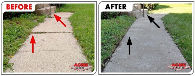Side-by-side comparison of a sidewalk before and after raising settled concrete. The left image shows uneven, cracked concrete with weeds, while the right shows a smooth, even, weed-free sidewalk. Both images feature red and black arrows.