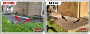 Side-by-side comparison of a sidewalk before and after raising settled concrete. The left shows uneven, cracked concrete and weeds; the right displays a clean, level surface. Arrows highlight the repaired area.
