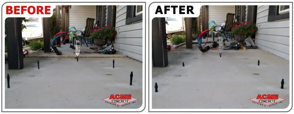 Side-by-side comparison of a concrete patio before and after Lifting a Dropped Porch. The Before image shows a sloped slab, while the After image displays a leveled surface. Both images include tools and the ACME Concrete logo.