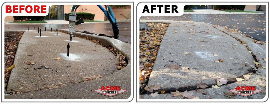 Side-by-side images show a concrete sidewalk before and after Polyjacking Commercial Sidewalks repair. The before image has equipment and holes in uneven concrete; the after image displays a leveled, intact sidewalk with scattered leaves.