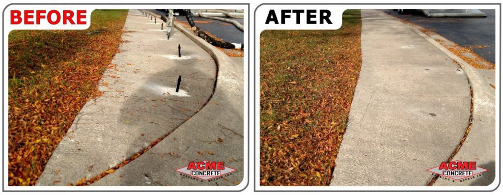 Side-by-side comparison showing a cracked, uneven sidewalk before repair on the left, and a smooth, even sidewalk after Polyjacking Commercial Sidewalks on the right. Both images have fallen leaves and an ACME Concrete logo.