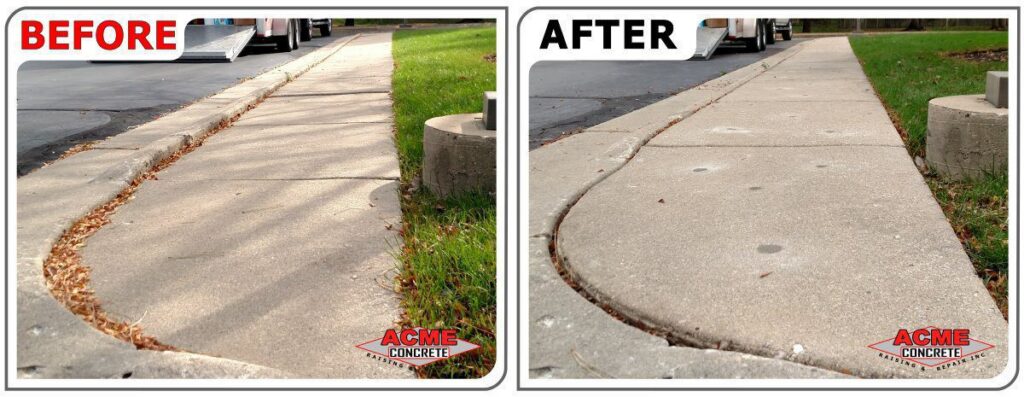 Side-by-side comparison of a commercial sidewalk before and after polyjacking. The before side shows uneven, sunken pavement, while the after side displays a level, smooth surface. Both images feature the ACME Concrete logo.
