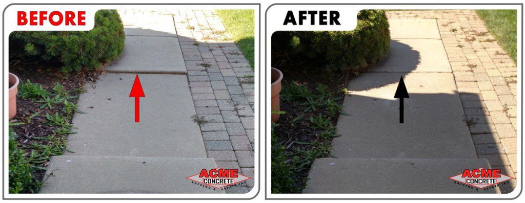 Before and after photos concrete sidewalk trip hazard repair in Huntley, IL