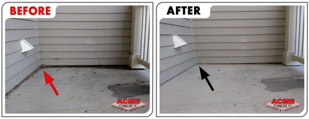 Before and after photos of raised settled front porch in Huntley, IL