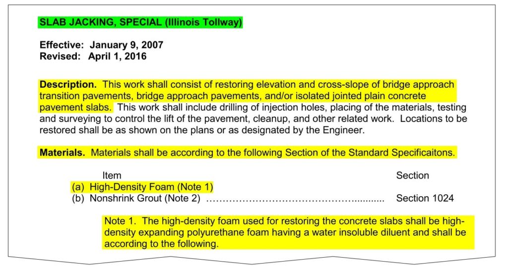 Section of IL Tollway bid specification for slabjacking highway sections.