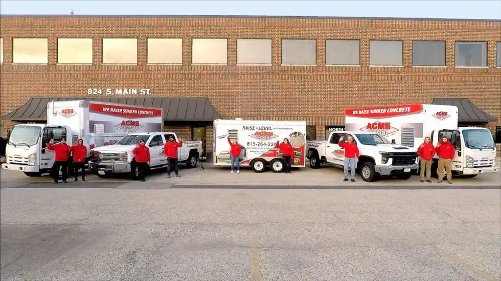 A group of people in red shirts stand in front of several white work trucks and a trailer marked with ACME and We Raise Sunken Concrete, Chicagoland's Best Choice for Concrete Raising, parked outside a brick building labeled 824 S. Main St.