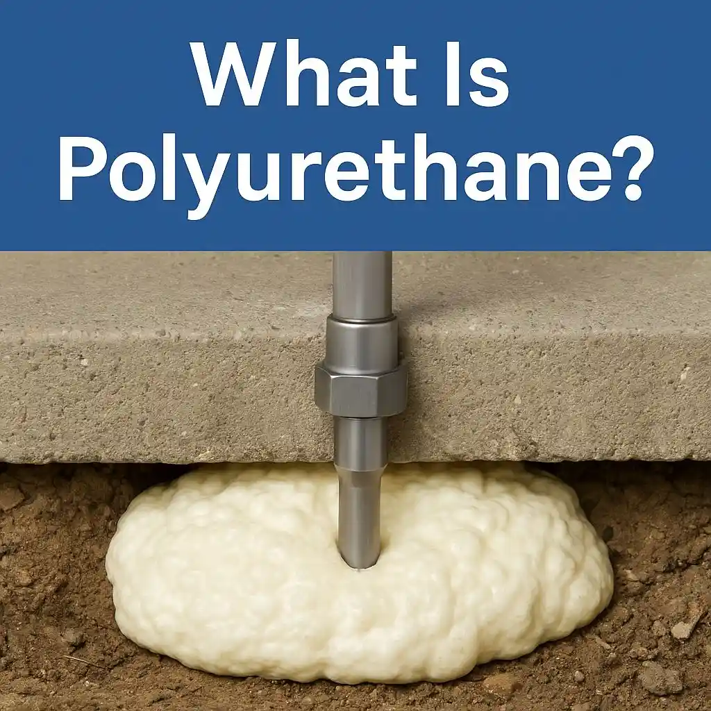 A metal tube injects Polyurethane Foam under a concrete slab, with text above that reads, What Is Polyurethane?.