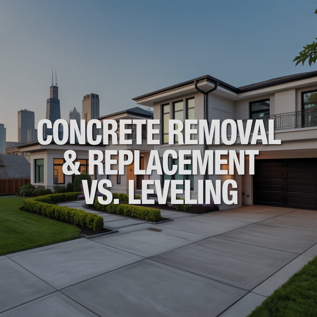 Modern suburban home with a wide concrete driveway and manicured lawn, city skyscrapers visible in the background. Bold text over the image reads, Concrete Removal & Replacement vs. Polyurethane Concrete Raising.