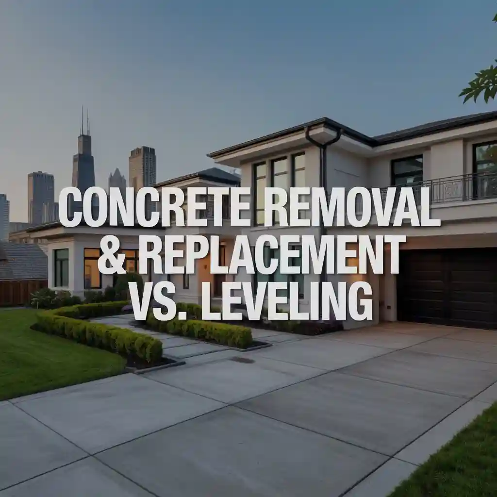 A modern house with a manicured lawn and concrete driveway. Large white text reads: “Concrete Replacement & Removal vs. Polyurethane Concrete Raising.” The city skyline is visible in the background.