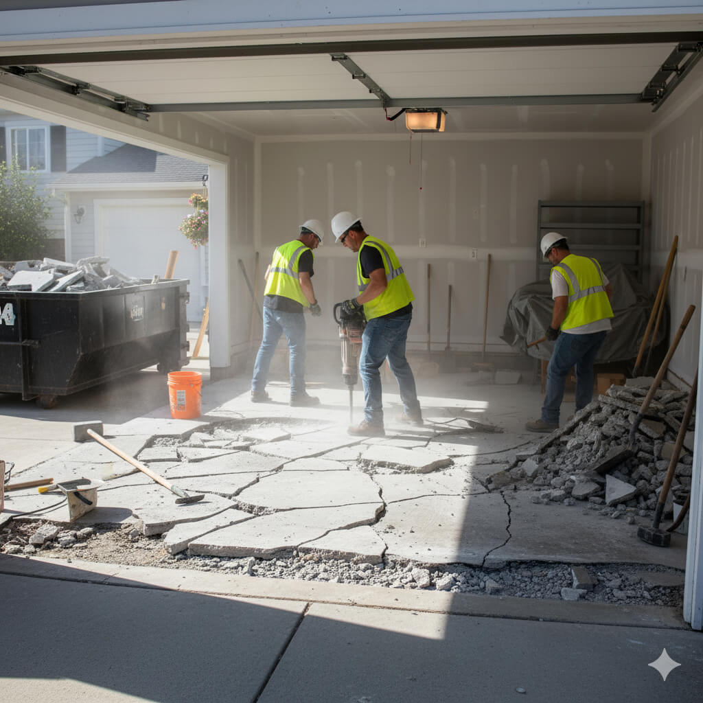 Three construction workers in safety vests and helmets break up concrete in a garage as part of a garage floor concrete replacement in Chicago. Piles of debris surround them, with sunlight streaming in and a dumpster stationed outside.
