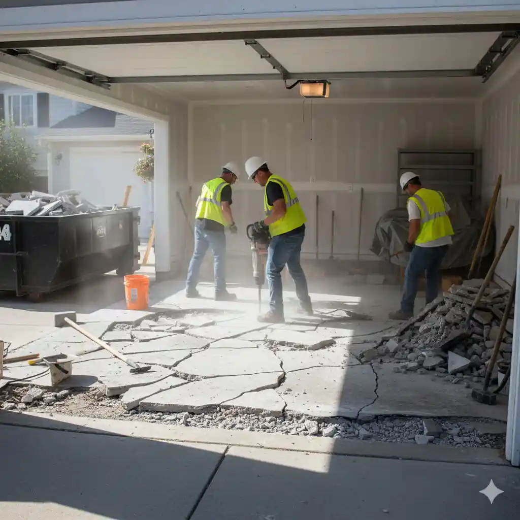 Three construction workers in safety vests and helmets break up a garage floor for concrete replacement in Chicago, surrounded by rubble and debris. A dumpster is positioned outside, and sunlight streams into the garage.