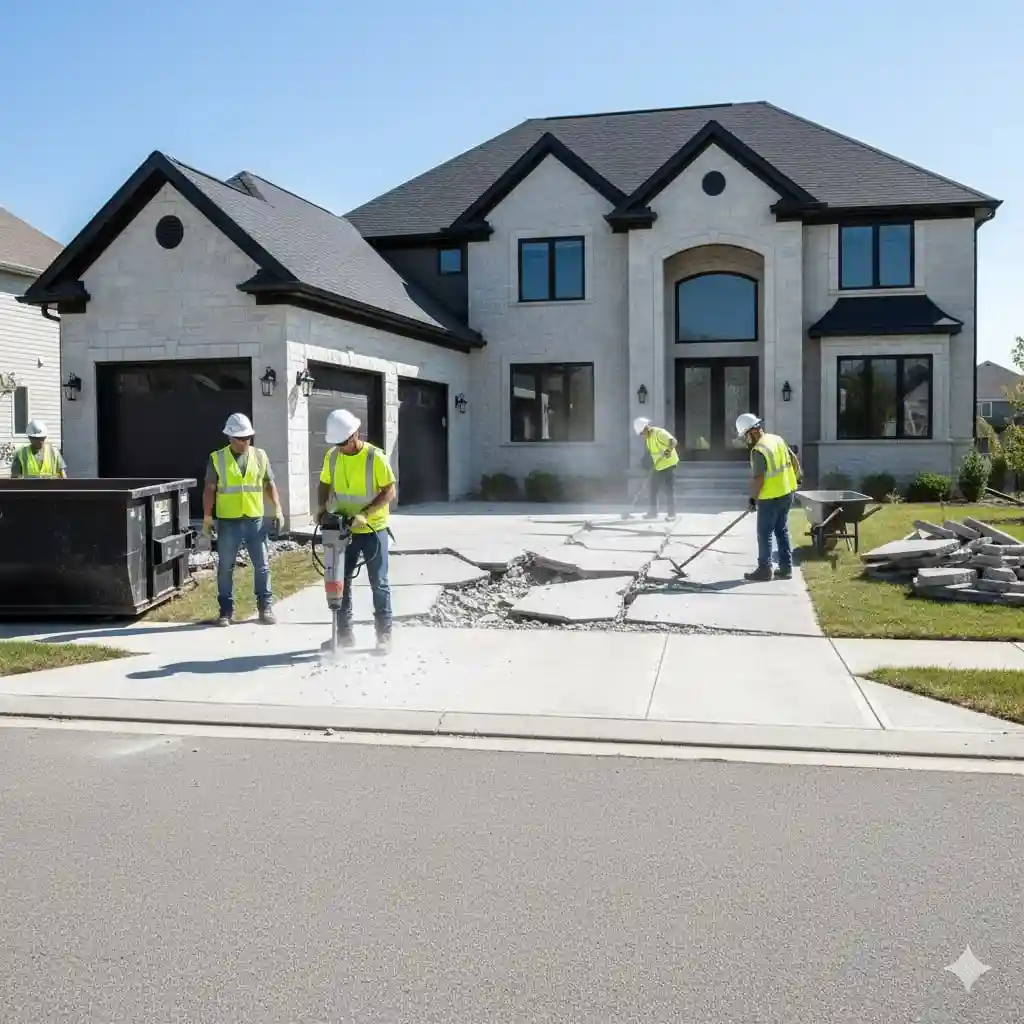 Five construction workers in safety vests and helmets are breaking up and removing concrete from a driveway in front of a large, modern two-story house, highlighting the process and effort behind concrete driveway replacement cost Chicago.