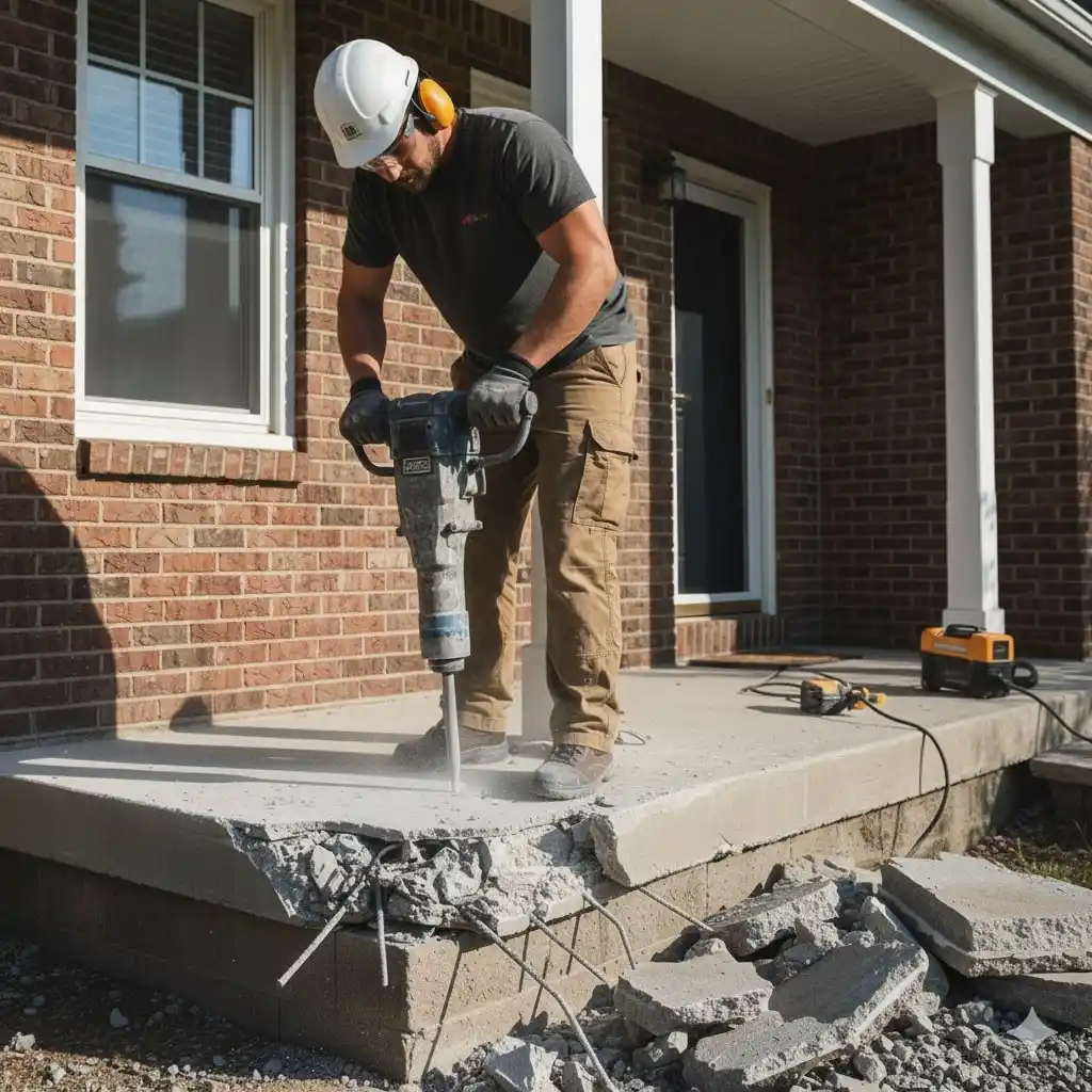 A construction worker wearing a hard hat and ear protection uses a jackhammer to break up a concrete porch in front of a brick house, preparing for stoop replacement Chicago. Broken concrete pieces and exposed rebar are visible on the ground.