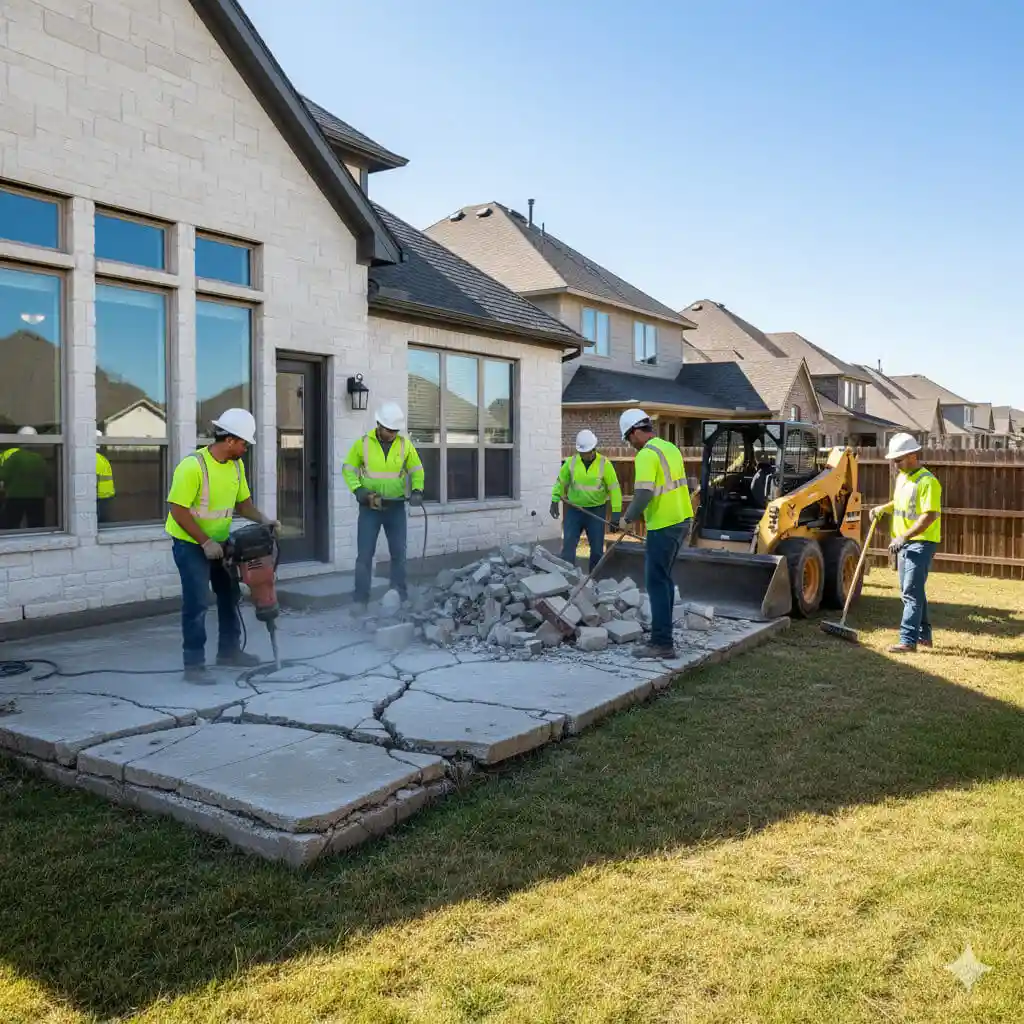 Five construction workers in safety gear break up a concrete patio in a backyard using heavy tools and machinery, with debris scattered around—a common scene when tackling a concrete patio replacement cost in Chicago. Neighboring houses are visible in the background.