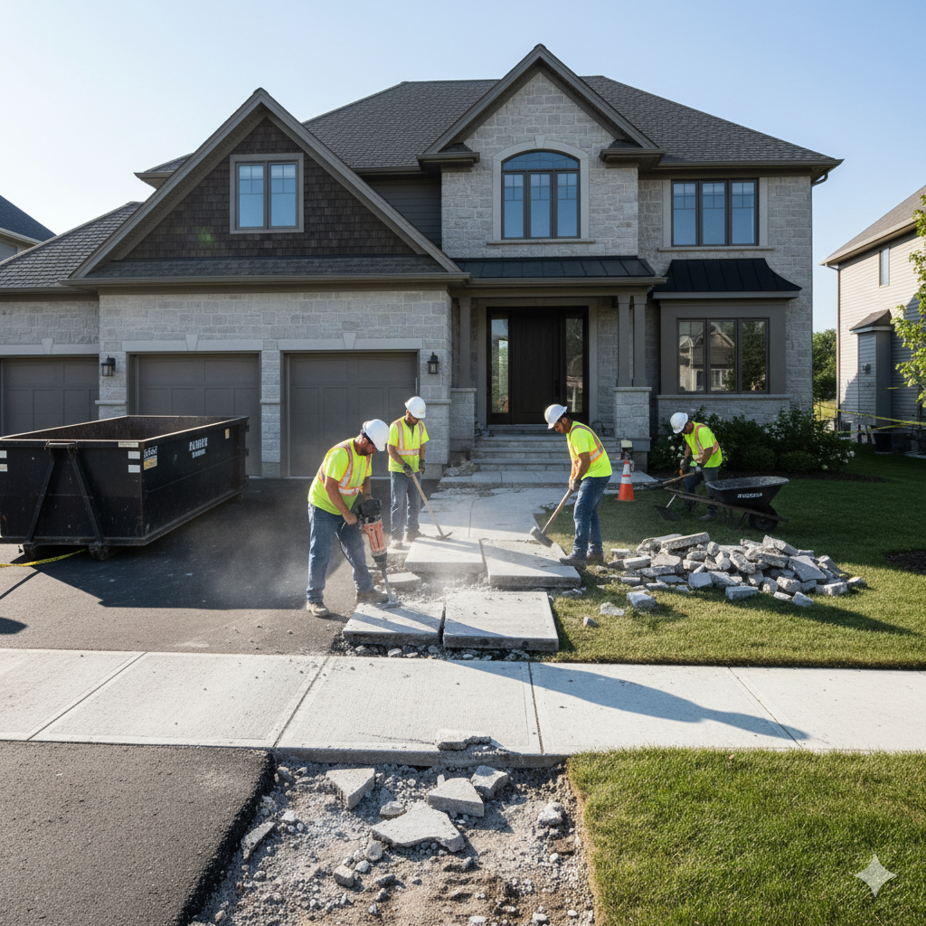 Five construction workers in safety gear break up and remove a concrete driveway in front of a modern suburban house, addressing trip hazards as they prepare for sidewalk replacement, with rubble, equipment, and a dumpster nearby.