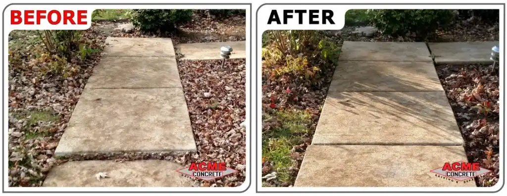 Side-by-side comparison of a walkway before and after Lake Zurich Concrete Raising. The left side shows dirty, uneven slabs; the right side reveals a clean, level path. ACME Concrete logo appears in both images.