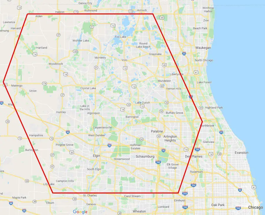 Map displaying a red hexagon outlining the Service Area in northern Illinois, covering parts of Chicago’s northwest suburbs such as Elgin, Schaumburg, Palatine, Barrington, and Crystal Lake.