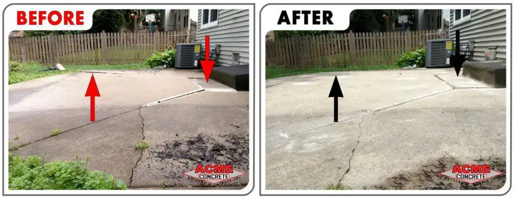 Side-by-side comparison of a concrete patio before and after leveling; the left shows uneven, cracked concrete, and the right shows the same area smooth and leveled. Both images have arrows and the Acme Concrete logo.