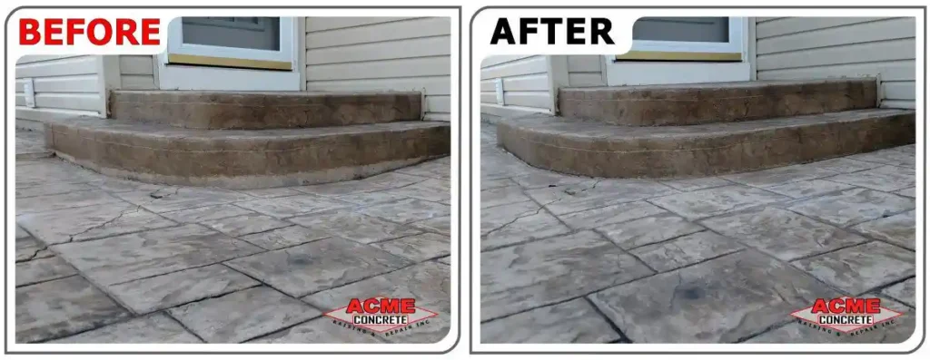 Side-by-side comparison of concrete steps and patio, labeled BEFORE (left) and AFTER (right); the after image shows smoother, more level steps. Both images display the ACME Concrete logo.