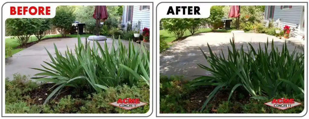 Side-by-side photos show a patio before and after repair. The left image shows uneven concrete, while the right image shows a smooth, level surface. Both have green plants and the Acme Concrete logo.