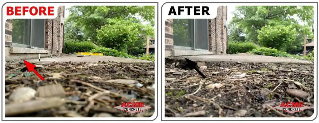 Side-by-side photos of a house foundation; the left image labeled BEFORE shows a gap under the concrete, the right image labeled AFTER shows the gap has been filled. The Acme Concrete logo appears in both images.