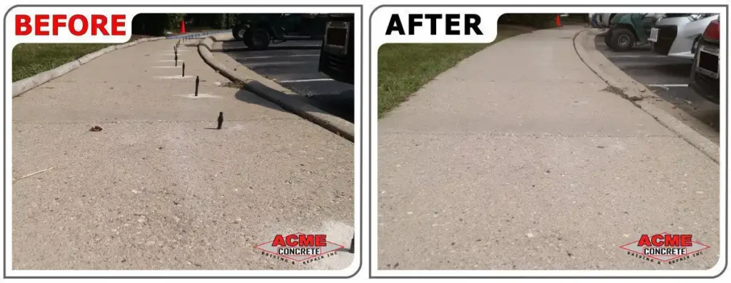 Side-by-side comparison of a sidewalk before and after repair. The before image shows uneven, marked pavement with bolts sticking out; the after image shows a smooth, even sidewalk. Both images display the ACME Concrete logo.