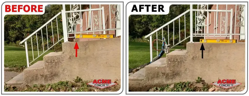 Side-by-side before and after images of a concrete porch step. The before side shows the step slanted, while the after side shows it leveled, both with a yellow level tool on top. ACME Concrete logo appears in both.