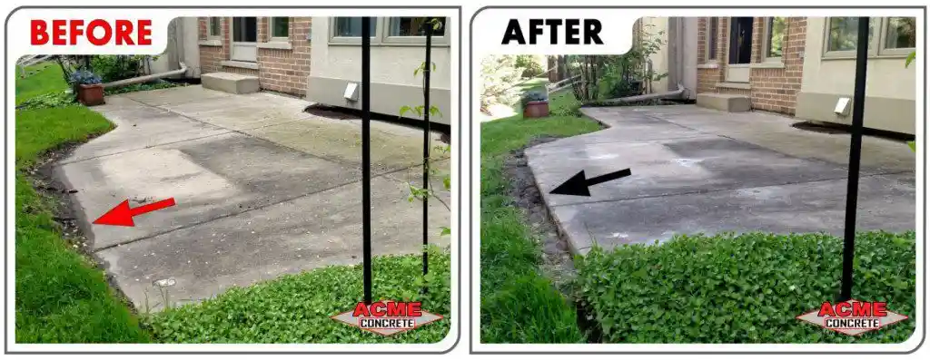 Side-by-side comparison of a concrete patio before and after repair. The before image shows uneven, sunken concrete; the after image shows the patio leveled and restored. Both images have red and black arrows.