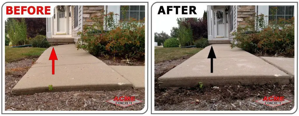Side-by-side photos of a sidewalk before and after leveling; the left shows uneven concrete with a red arrow, the right shows a smooth, even surface with a black arrow. Both have the ACME Concrete logo.