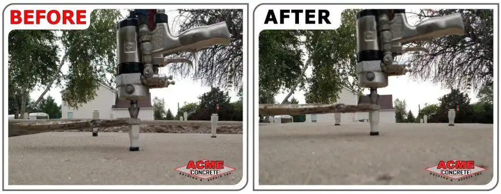 Side-by-side comparison of a concrete leveling process: the Before image shows uneven concrete with a gap under a slab, while the After image shows the slab leveled and flush with the ground.