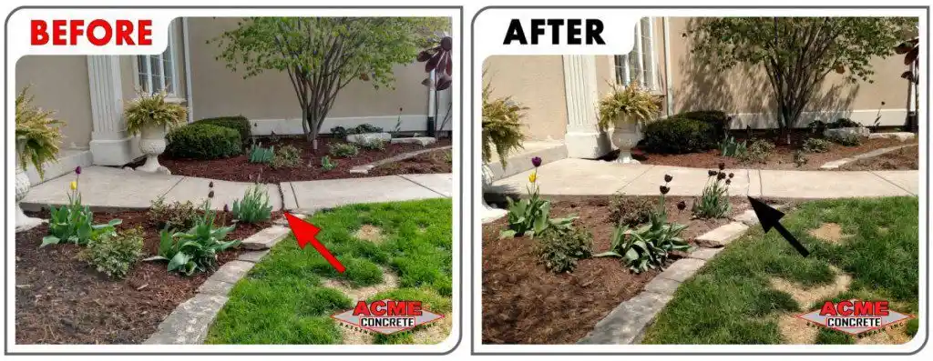 Side-by-side comparison of a garden path before and after concrete repair. The before image shows uneven, sunken concrete; the after image shows a level, smooth walkway. Both have arrows pointing to the fixed area.