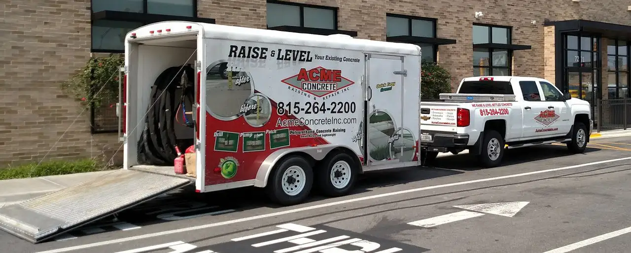 A white pickup truck towing a trailer labeled ACME Concrete with equipment, parked outside a brick building near a glass entrance. The trailer ramp is down on a striped parking area—evidence of the team’s expertise in Raising Concrete in Riley.
