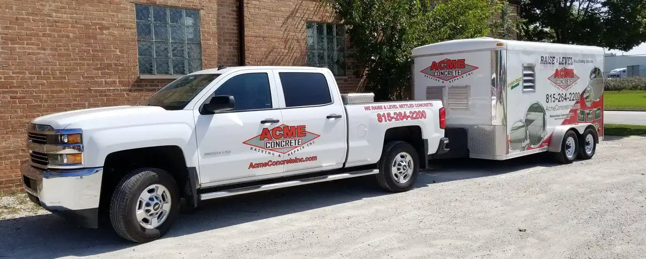 A white pickup truck with “ACME Concrete” branding is parked on gravel, towing a white trailer—also branded with “ACME Concrete” logos and contact information—beside a brick building and some greenery, ready for a day of raising concrete in Third Lake.
