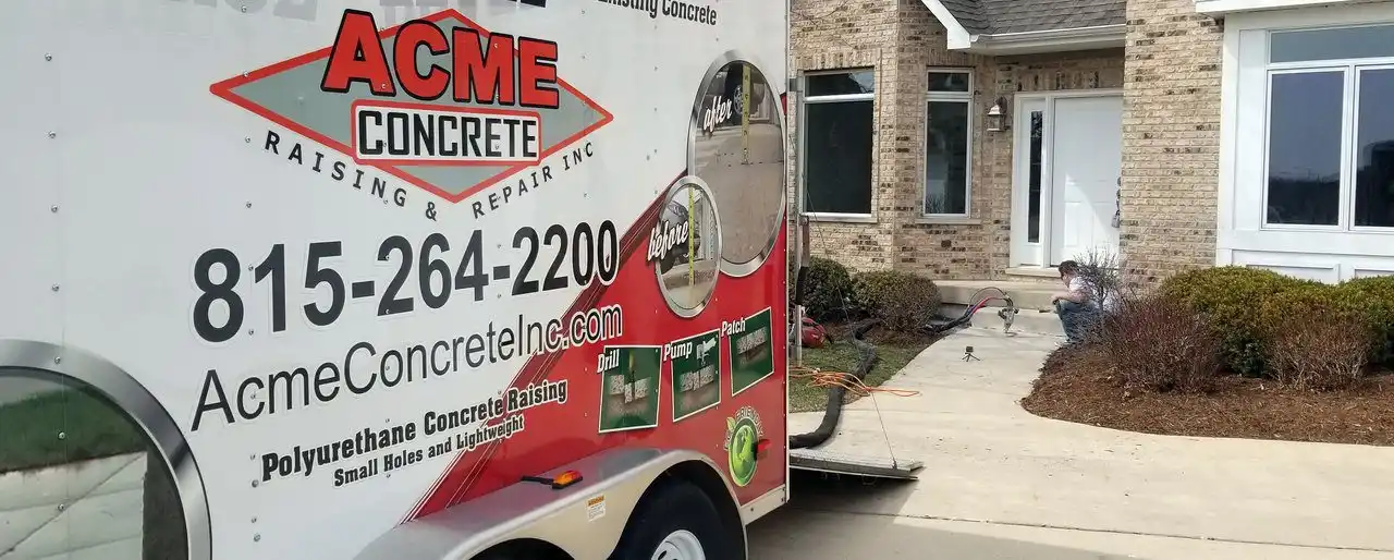 A trailer for ACME Concrete is parked in a driveway near a house entrance. The trailer advertises Raising Concrete in Elk Grove Village and repair services, complete with a phone number and images of completed projects. Bushes line the walkway.