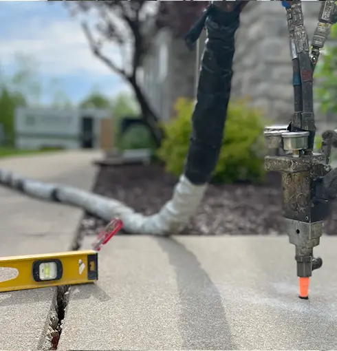 A concrete lifting tool injects material into a sidewalk crack, with a yellow level tool placed nearby. Lush greenery and a building are visible in the background, illustrating the attention to detail provided by HOA Concrete Services.