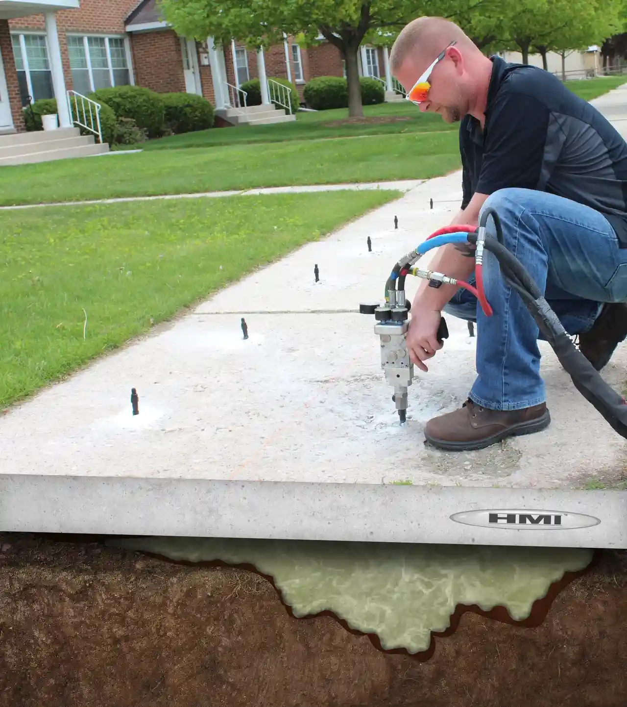 A man uses equipment to inject material beneath a concrete sidewalk for leveling, with an illustration showing the foam filling the gap below the slab—a typical process for Concrete Leveling in Bartlett.