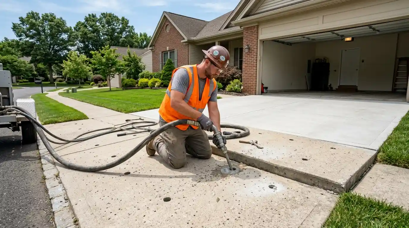 A construction worker in an orange vest and hard hat kneels on a driveway, using equipment to repair or lift a concrete slab near a residential home on a sunny day—an example of expert Concrete Lifting in Barrington Hills.