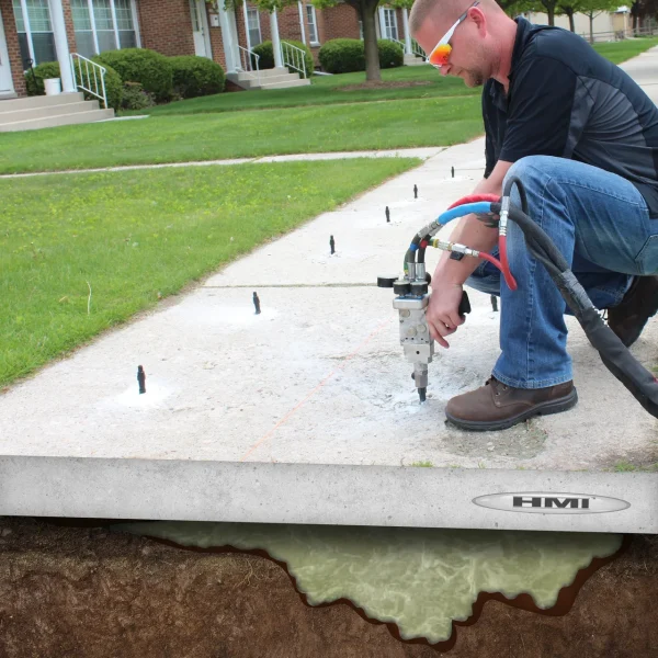 Injecting polyurethane to void fill and stabilize a concrete slab Void Filling And Concrete Stabilization